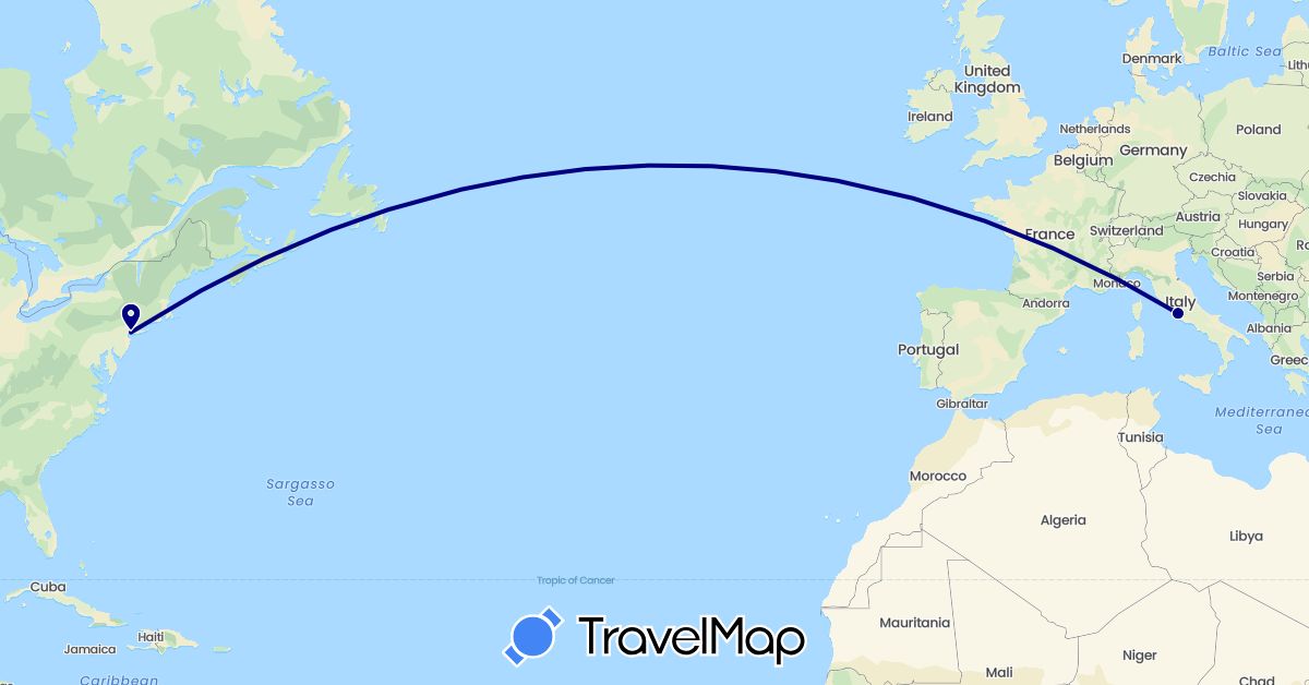 TravelMap itinerary: driving in Italy, United States (Europe, North America)