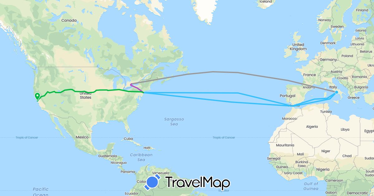 TravelMap itinerary: driving, bus, plane, train, boat in Canada, Italy, United States (Europe, North America)
