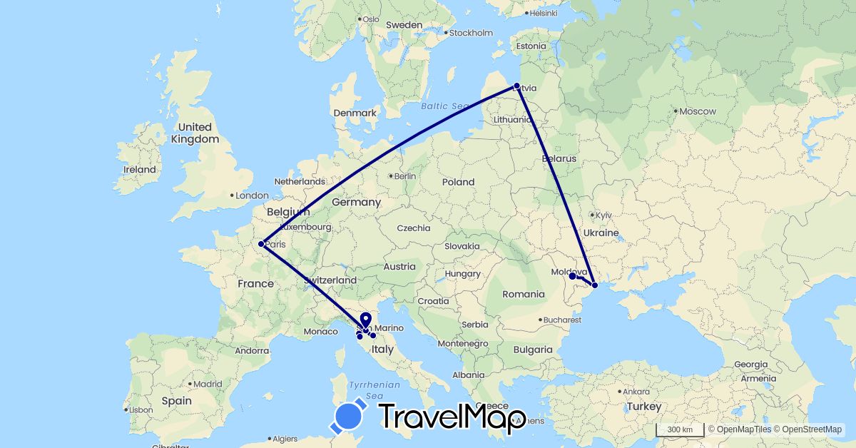 TravelMap itinerary: driving in France, Italy, Latvia, Moldova, Ukraine (Europe)
