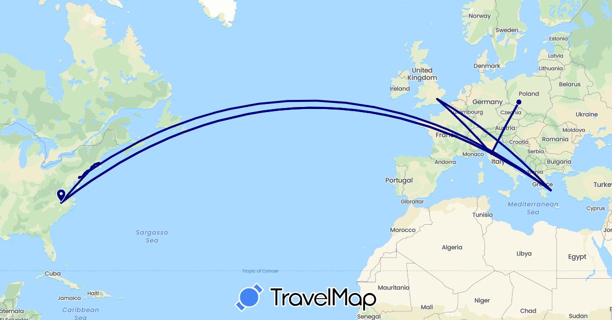 TravelMap itinerary: driving in United Kingdom, Greece, Italy, Poland, United States (Europe, North America)