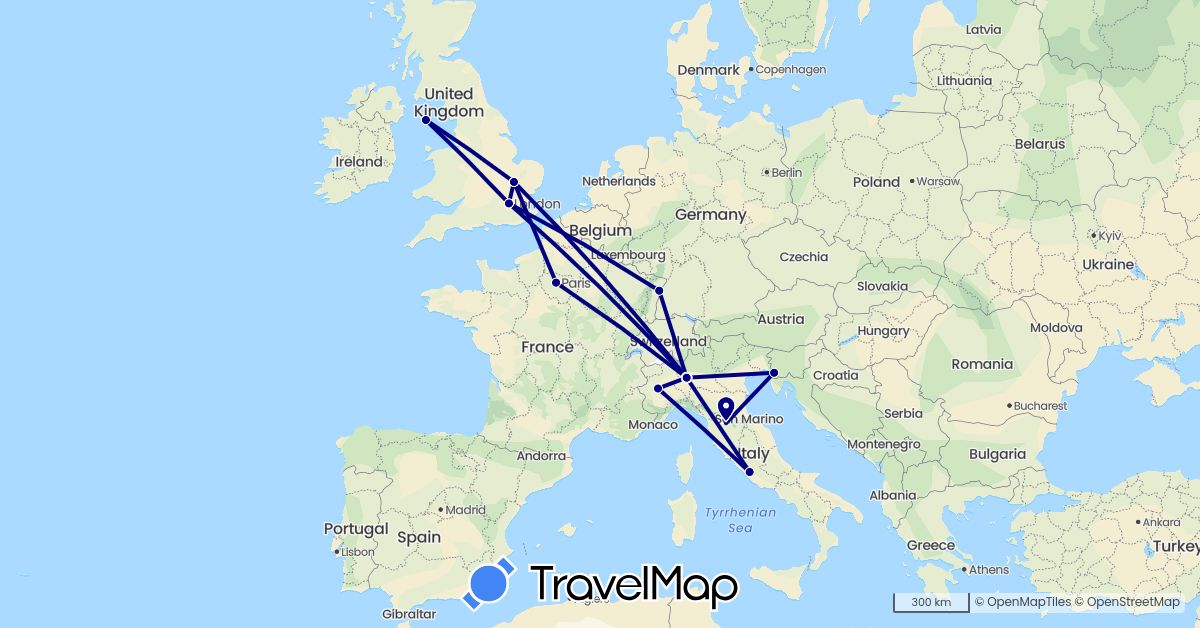 TravelMap itinerary: driving in France, United Kingdom, Isle of Man, Italy (Europe)