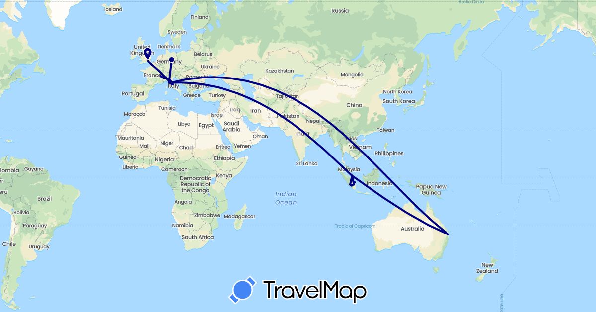 TravelMap itinerary: driving in Australia, Switzerland, Germany, United Kingdom, Indonesia, Italy, Singapore (Asia, Europe, Oceania)