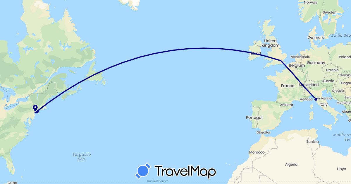 TravelMap itinerary: driving in Switzerland, United Kingdom, Italy, United States (Europe, North America)