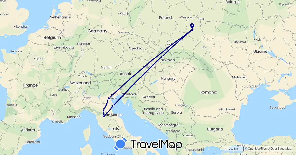TravelMap itinerary: driving in Italy, Poland (Europe)