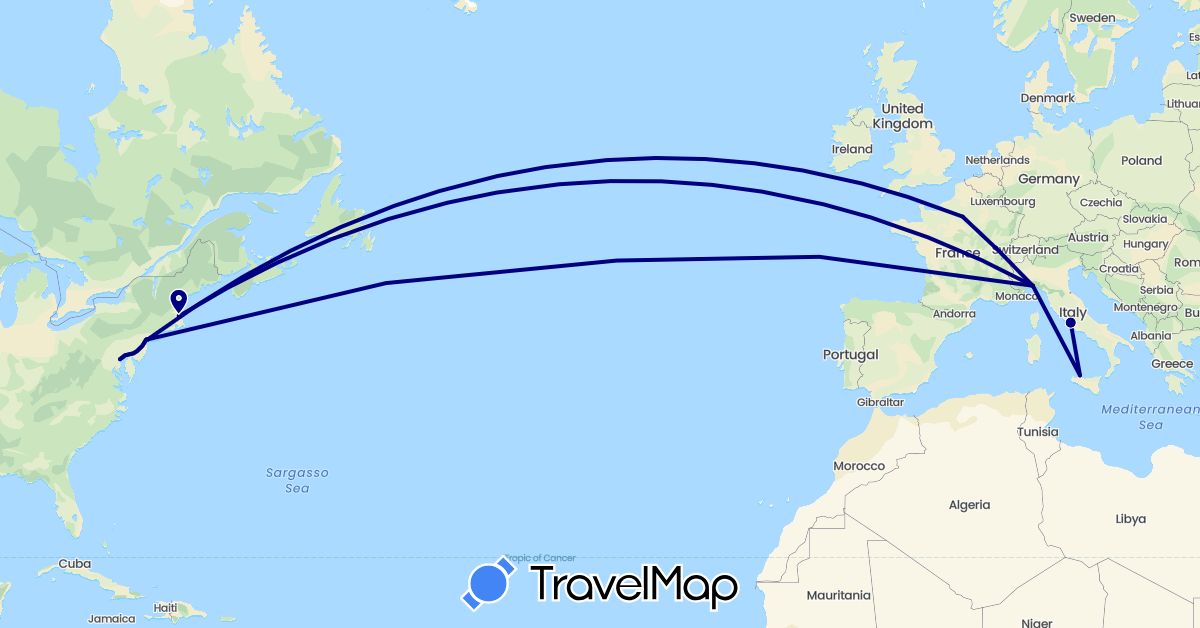 TravelMap itinerary: driving in France, Italy, United States (Europe, North America)