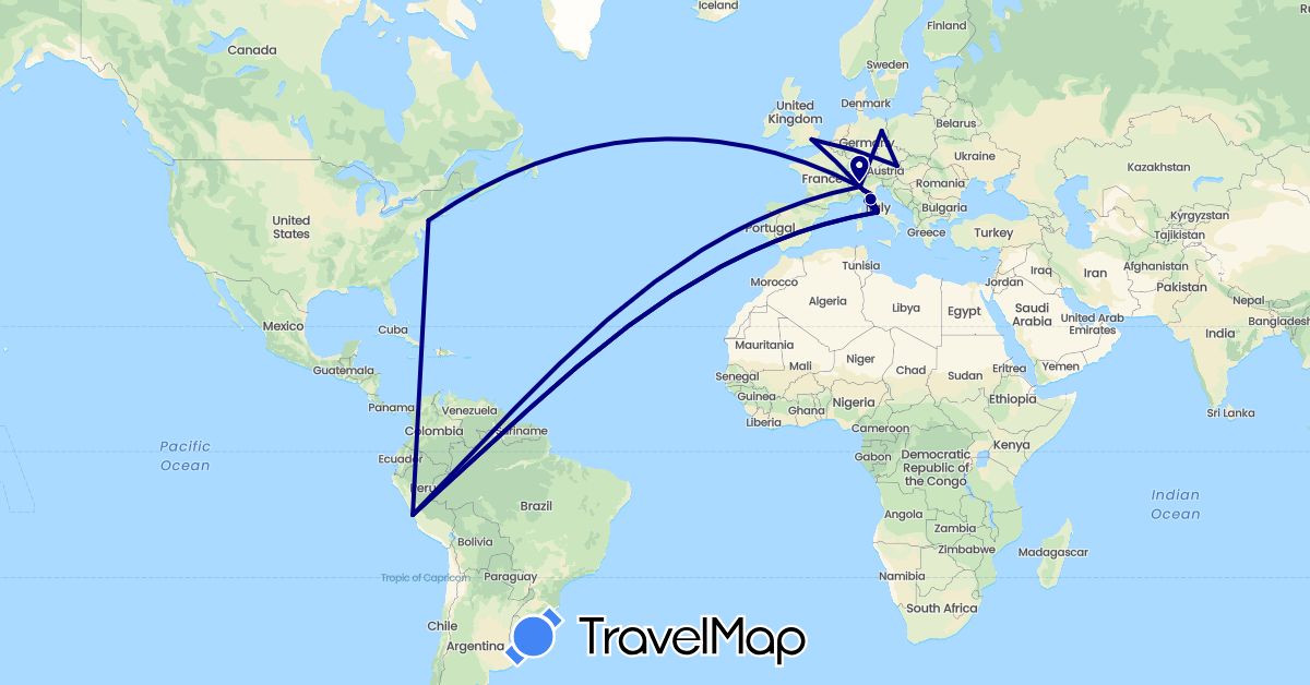 TravelMap itinerary: driving in Austria, Germany, United Kingdom, Italy, Peru, United States (Europe, North America, South America)