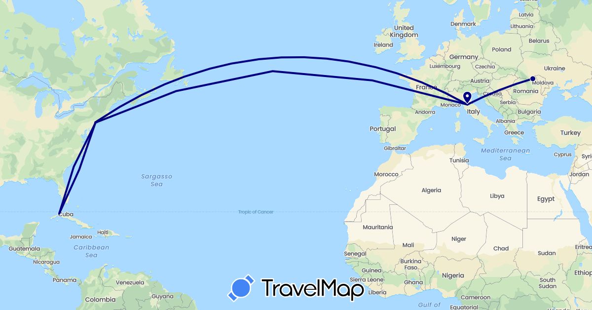 TravelMap itinerary: driving in Cuba, Italy, Romania, United States (Europe, North America)