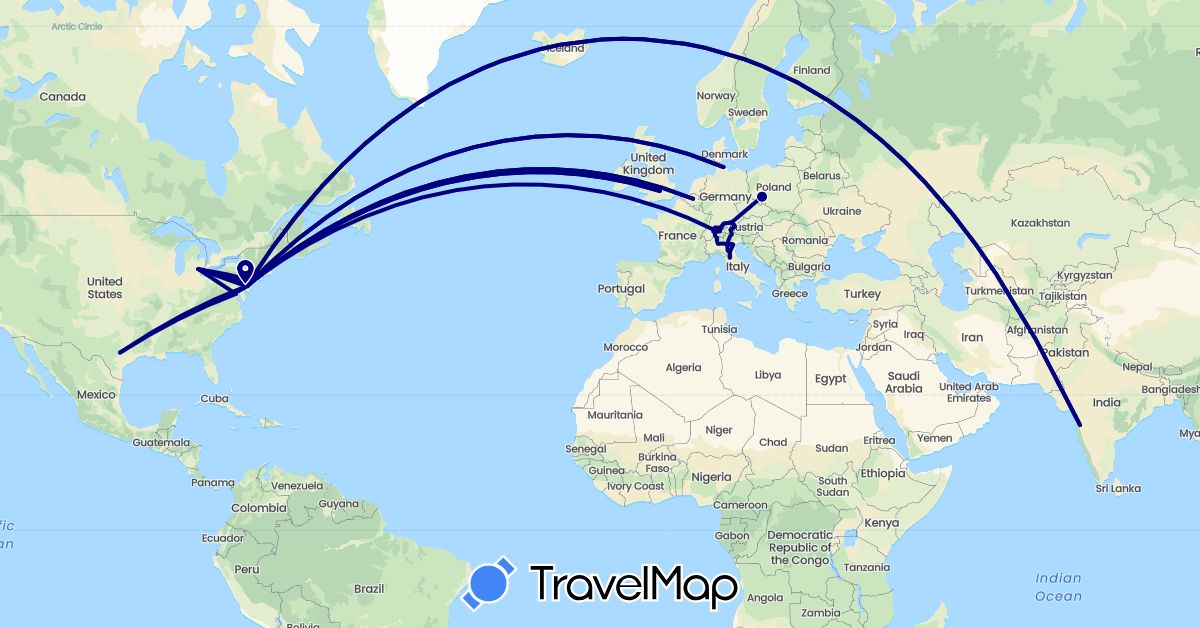 TravelMap itinerary: driving in Belgium, Switzerland, Germany, United Kingdom, India, Italy, Poland, United States (Asia, Europe, North America)
