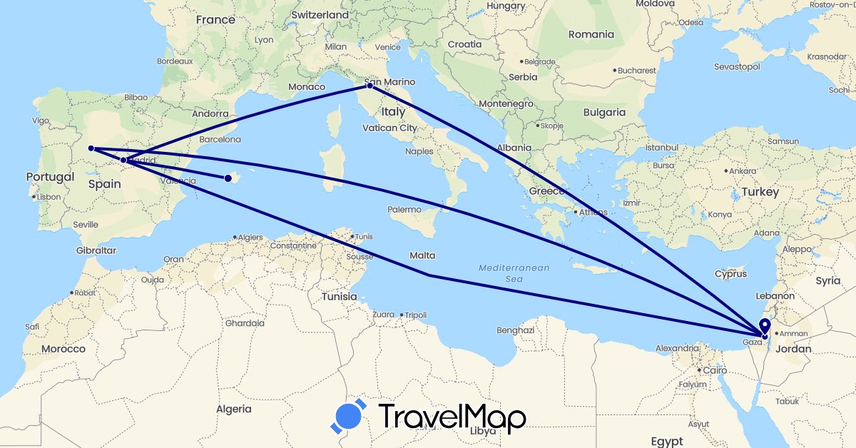 TravelMap itinerary: driving in Spain, Israel, Italy (Asia, Europe)