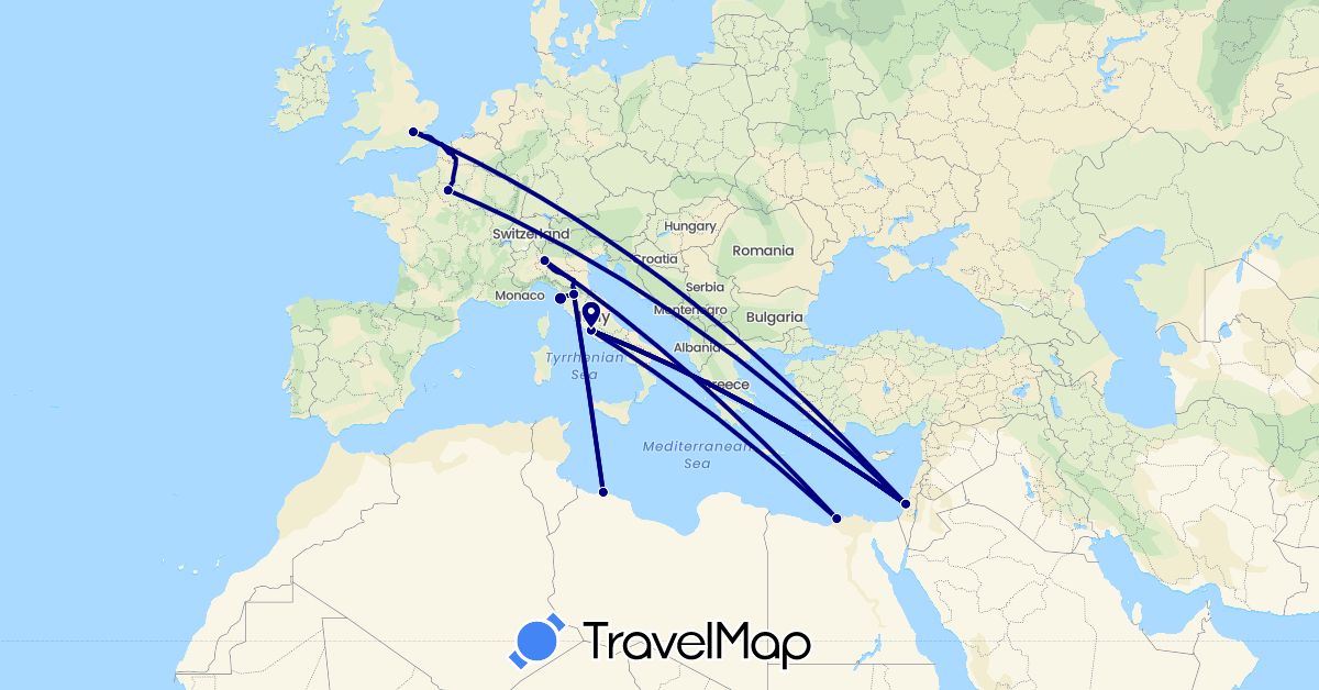 TravelMap itinerary: driving in Egypt, France, United Kingdom, Israel, Italy, Libya (Africa, Asia, Europe)