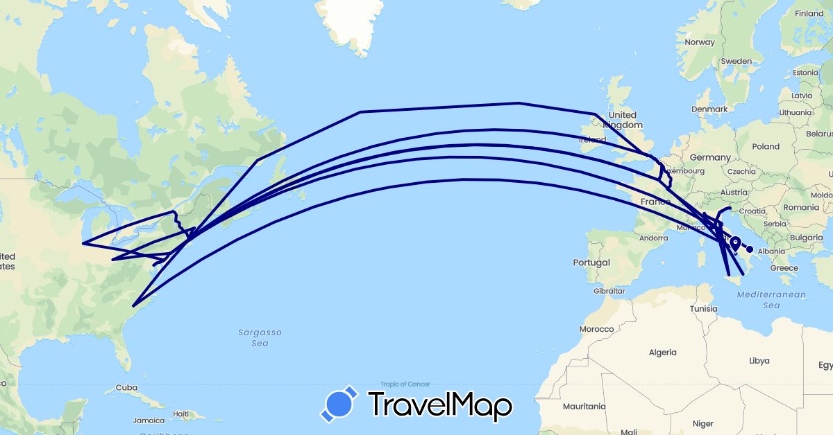 TravelMap itinerary: driving in Canada, France, United Kingdom, Italy, United States (Europe, North America)