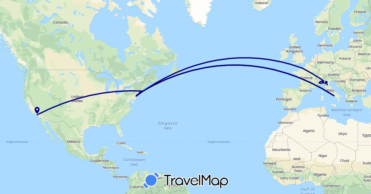 TravelMap itinerary: driving in Switzerland, France, Italy, United States (Europe, North America)