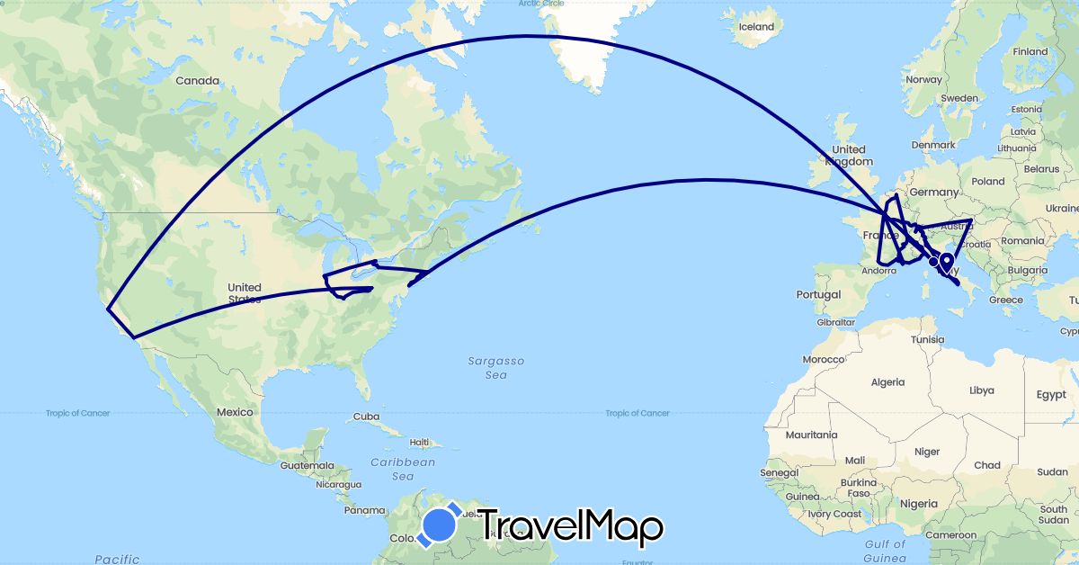 TravelMap itinerary: driving in Austria, Belgium, Canada, Switzerland, France, Italy, United States (Europe, North America)