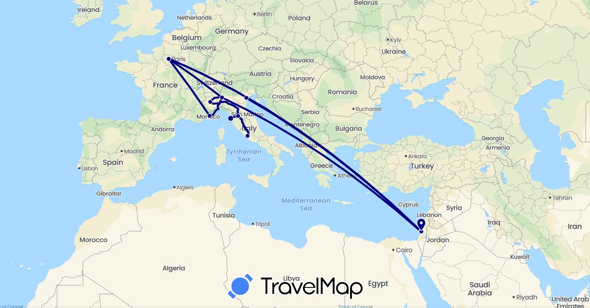 TravelMap itinerary: driving in France, Israel, Italy (Asia, Europe)