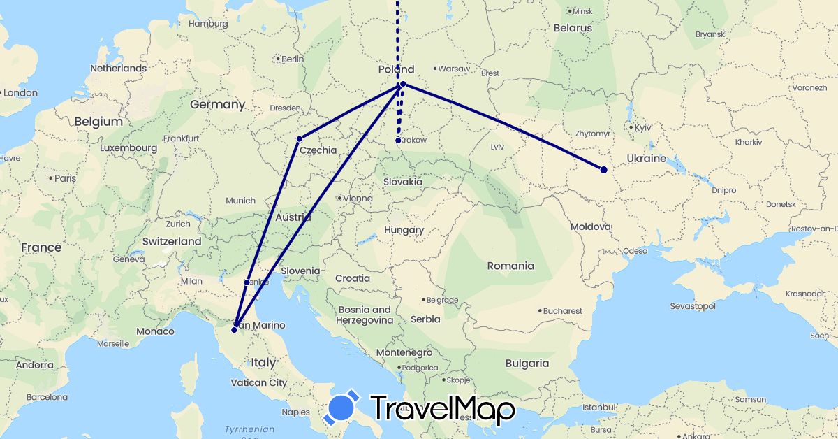 TravelMap itinerary: driving in Czech Republic, Italy, Poland, Ukraine (Europe)