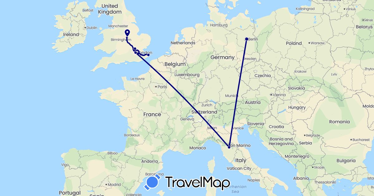 TravelMap itinerary: driving in Germany, United Kingdom, Italy (Europe)