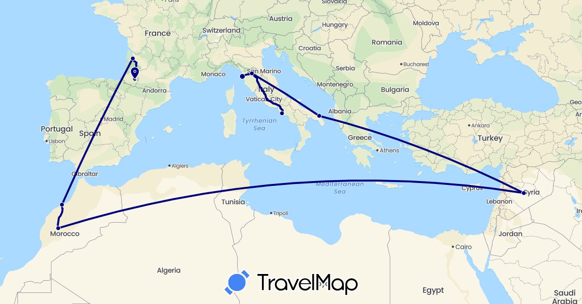 TravelMap itinerary: driving in France, Italy, Morocco, Syria (Africa, Asia, Europe)