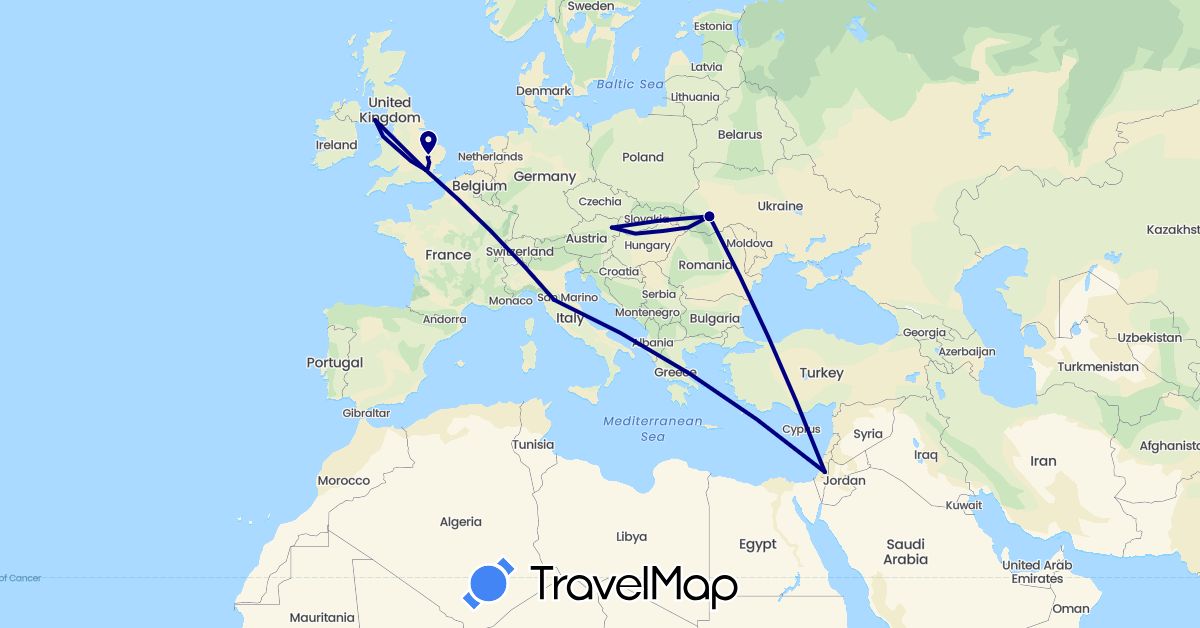 TravelMap itinerary: driving in Austria, United Kingdom, Israel, Isle of Man, Italy, Ukraine (Asia, Europe)