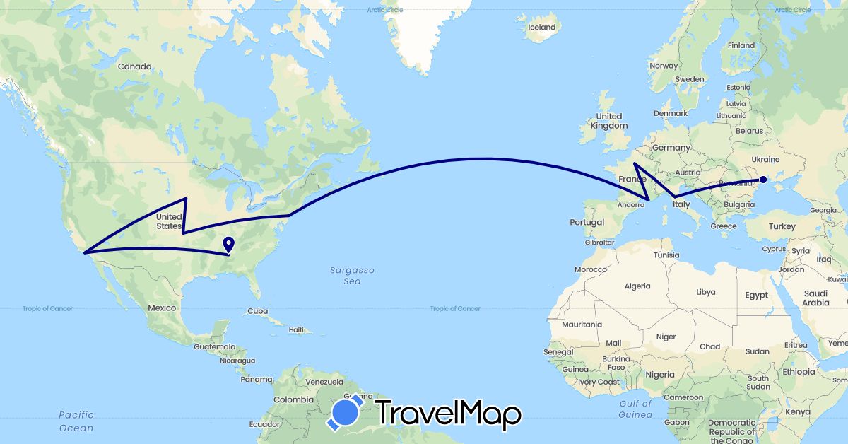 TravelMap itinerary: driving in France, Italy, Ukraine, United States (Europe, North America)