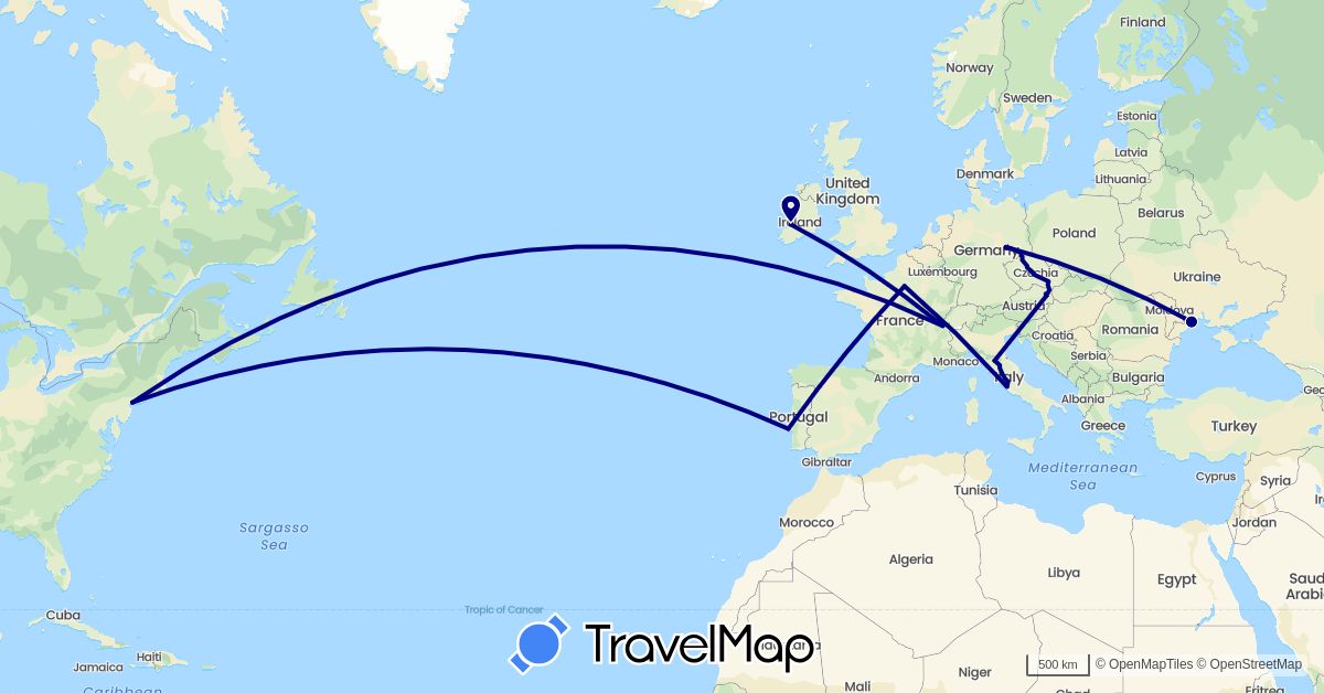 TravelMap itinerary: driving in Austria, Switzerland, Germany, France, Ireland, Italy, Portugal, Ukraine, United States (Europe, North America)