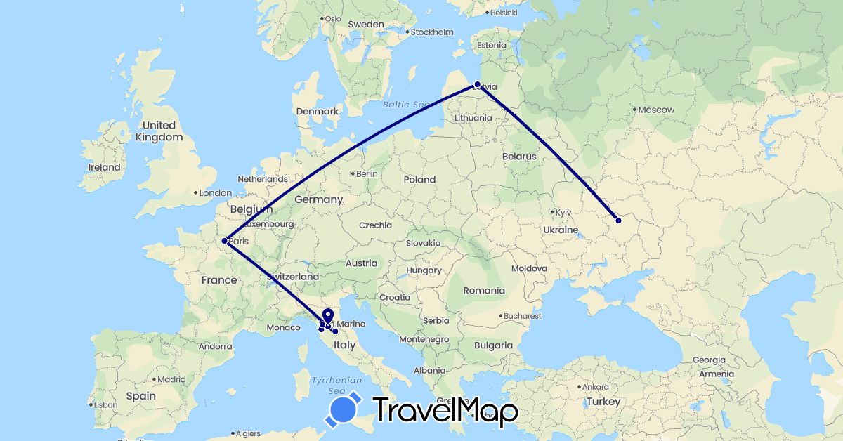 TravelMap itinerary: driving in France, Italy, Latvia, Ukraine (Europe)