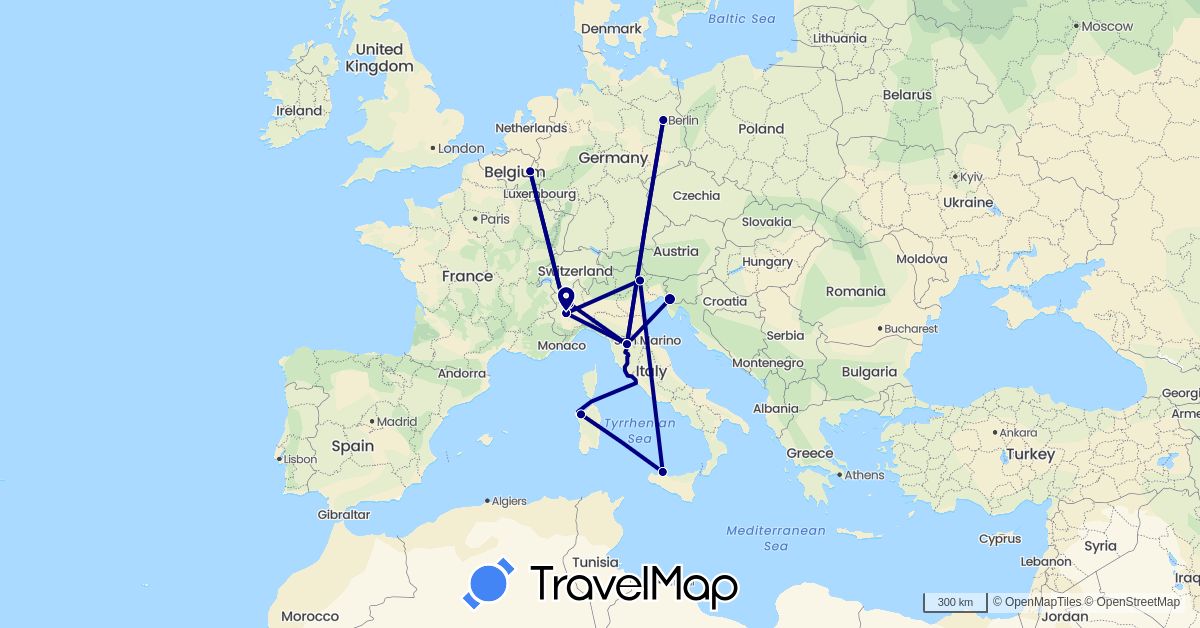 TravelMap itinerary: driving in Belgium, Germany, Italy (Europe)