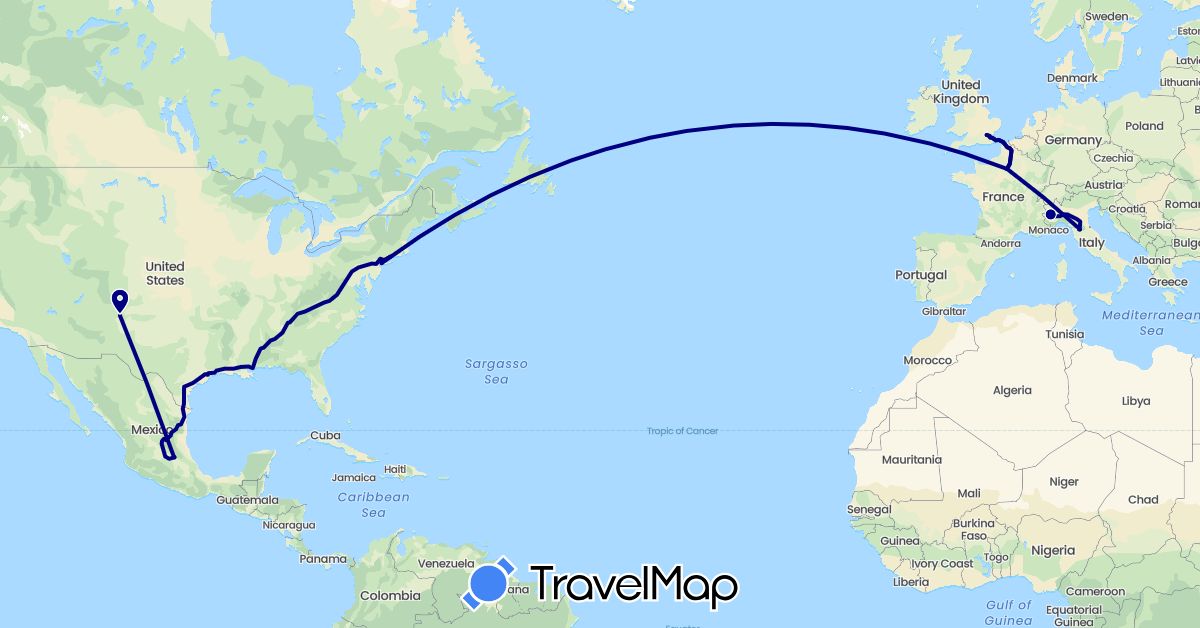 TravelMap itinerary: driving in France, United Kingdom, Italy, Mexico, United States (Europe, North America)