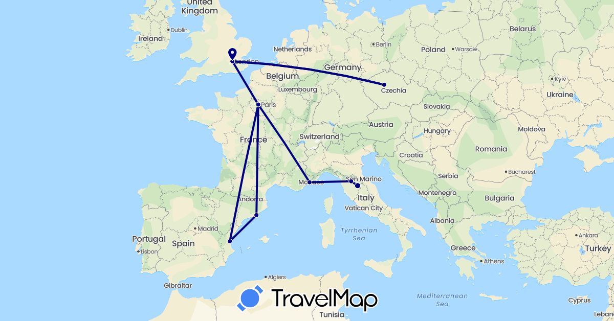 TravelMap itinerary: driving in Czech Republic, Spain, France, United Kingdom, Italy (Europe)