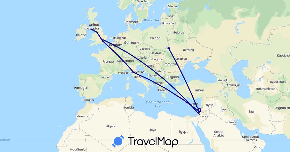 TravelMap itinerary: driving in United Kingdom, Israel, Isle of Man, Italy, Ukraine (Asia, Europe)