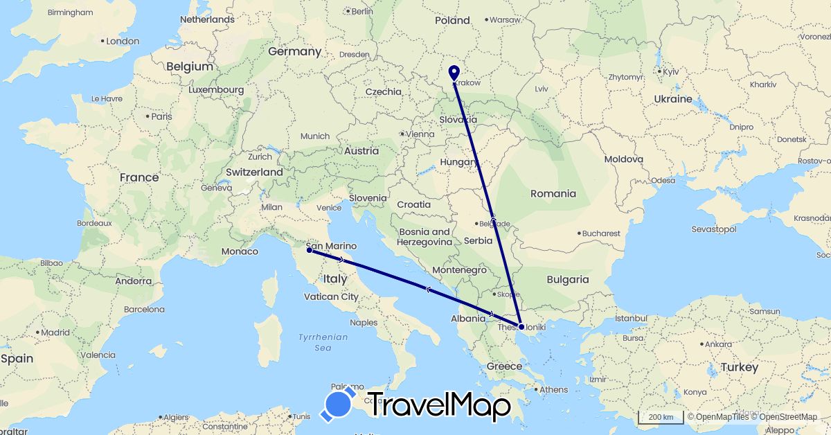 TravelMap itinerary: driving in Greece, Italy, Poland (Europe)
