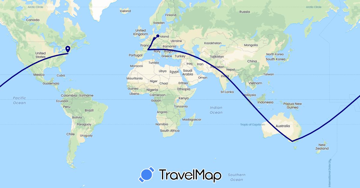 TravelMap itinerary: driving in Australia, Switzerland, Germany, France, India, Italy, United States (Asia, Europe, North America, Oceania)