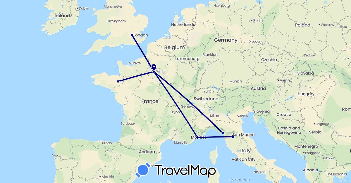 TravelMap itinerary: driving in France, United Kingdom, Italy (Europe)