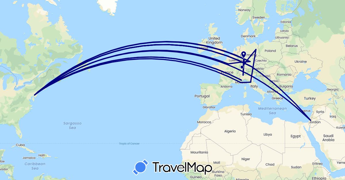 TravelMap itinerary: driving in Germany, France, Israel, Italy, United States (Asia, Europe, North America)
