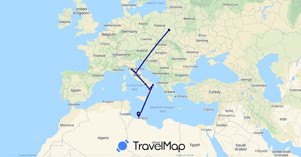 TravelMap itinerary: driving in Italy, Libya, Poland (Africa, Europe)