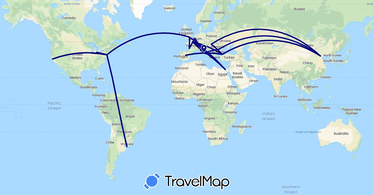 TravelMap itinerary: driving in Belgium, China, Egypt, Spain, France, United Kingdom, Hungary, Italy, Romania, Turkey, United States, Uruguay (Africa, Asia, Europe, North America, South America)