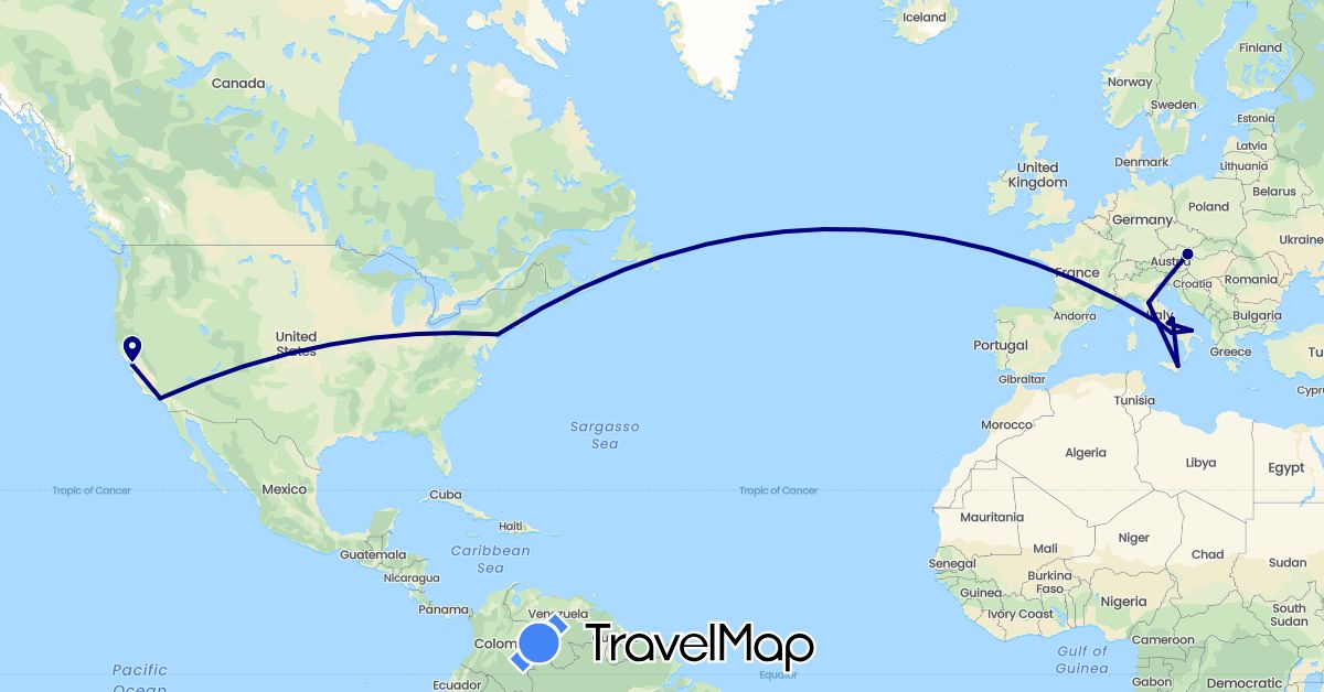 TravelMap itinerary: driving in Austria, Italy, United States (Europe, North America)