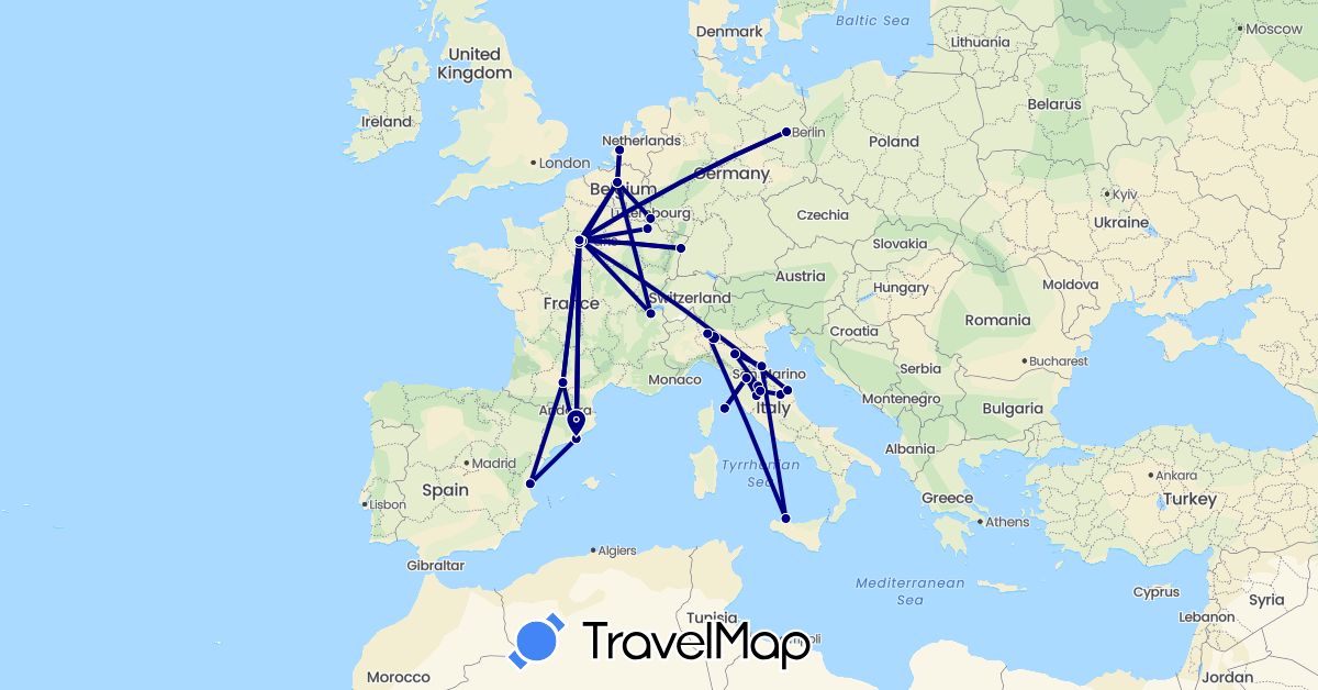 TravelMap itinerary: driving in Belgium, Switzerland, Germany, Spain, France, Italy, Luxembourg, Netherlands (Europe)