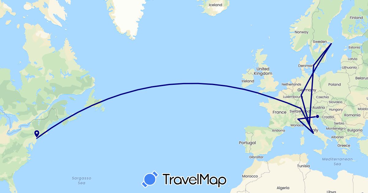 TravelMap itinerary: driving in Switzerland, Germany, Denmark, France, Italy, Sweden, United States (Europe, North America)