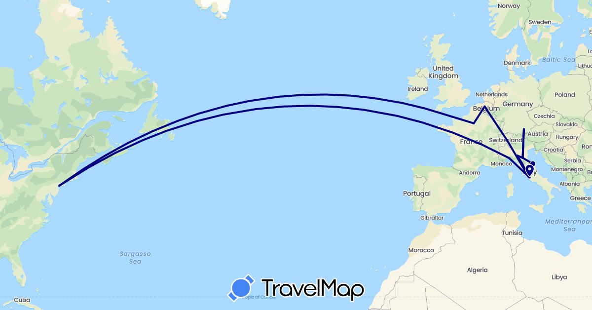 TravelMap itinerary: driving in Belgium, Germany, France, Italy, United States (Europe, North America)