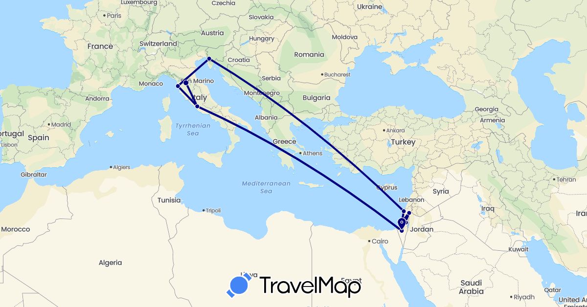 TravelMap itinerary: driving in Israel, Italy (Asia, Europe)