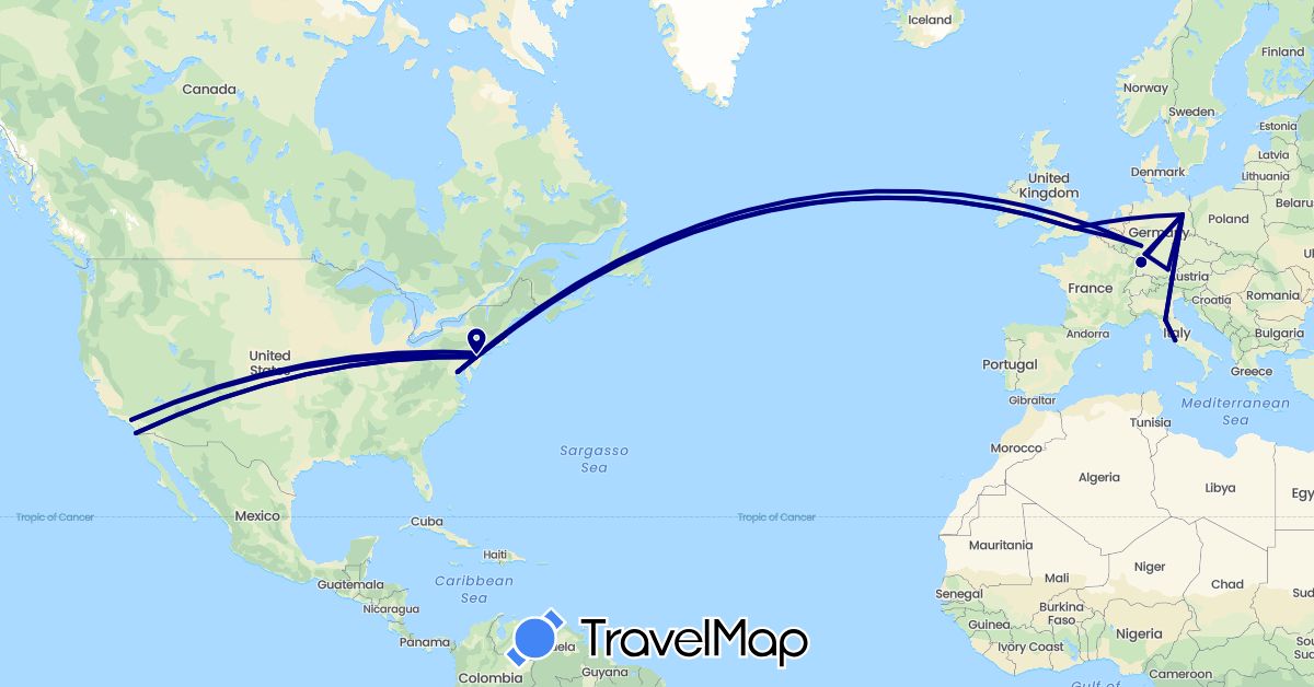 TravelMap itinerary: driving in Germany, United Kingdom, Italy, United States (Europe, North America)