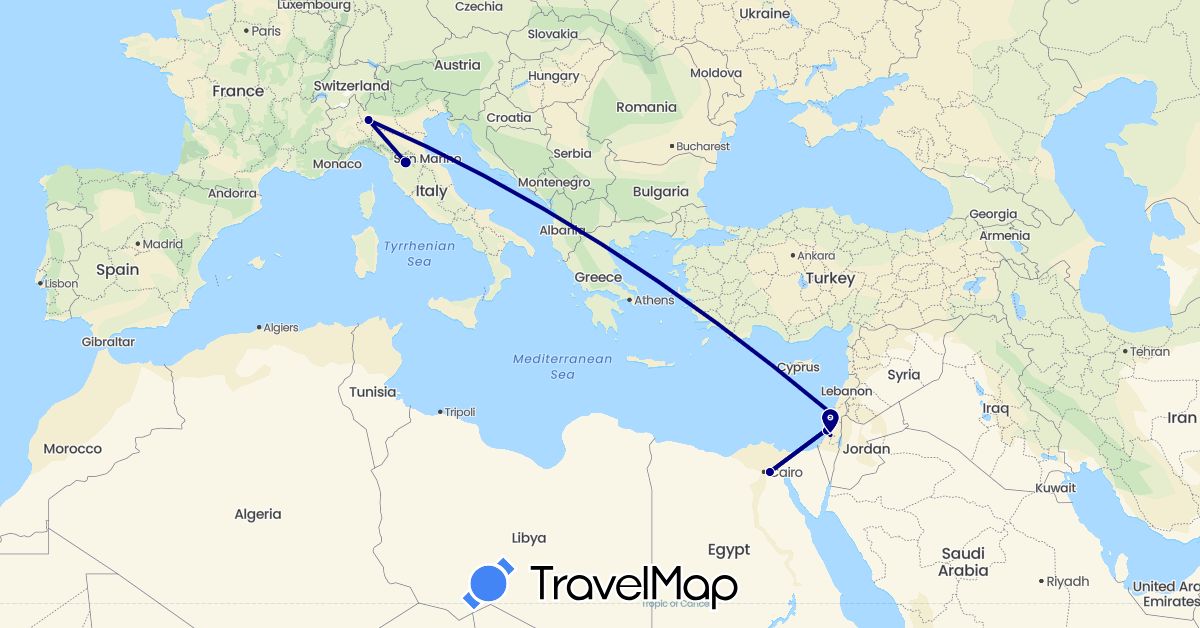 TravelMap itinerary: driving in Egypt, Israel, Italy (Africa, Asia, Europe)