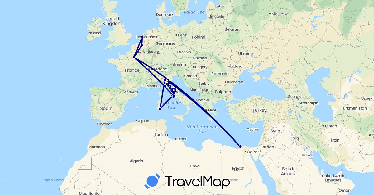 TravelMap itinerary: driving in Belgium, Egypt, France, Italy, Netherlands (Africa, Europe)